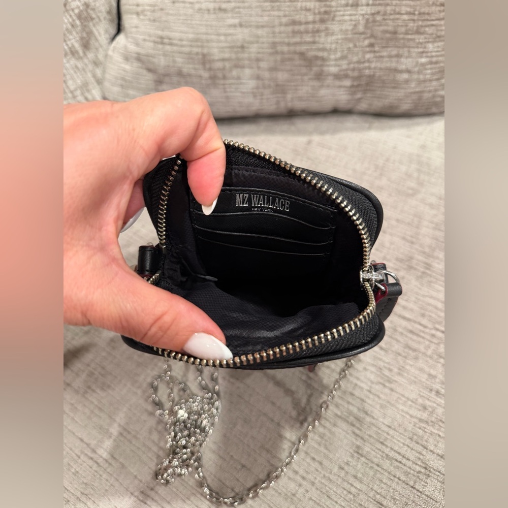 MZ WALLACE Black, Quilted Micro Crosby Crossbody Phone Bag with Silver Chain - Picture 13 of 16
